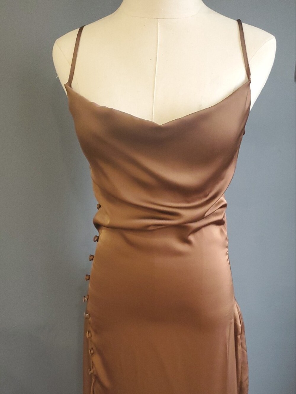 Chocolate Satin Slip Feel Slip Dress with Side Button Slit - Picture 14 of 17